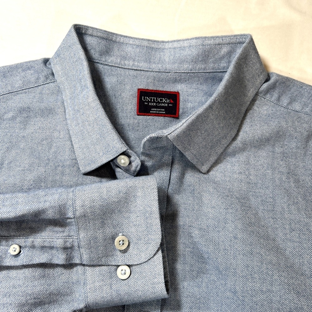 Untuckit Men's XXX-Large Button Down Flannel‎ Blue Shirt Long Sleeve Preppy